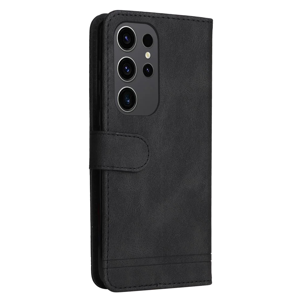 For Samsung Galaxy S24 Ultra Leather Wallet Cases Skin Touch Phone Cover Stand with Strap - Black - 7