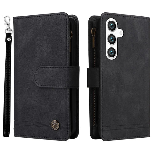 For Samsung Galaxy S24 Case PU Leather Zipper Card Slots Phone Cover - Black - 1