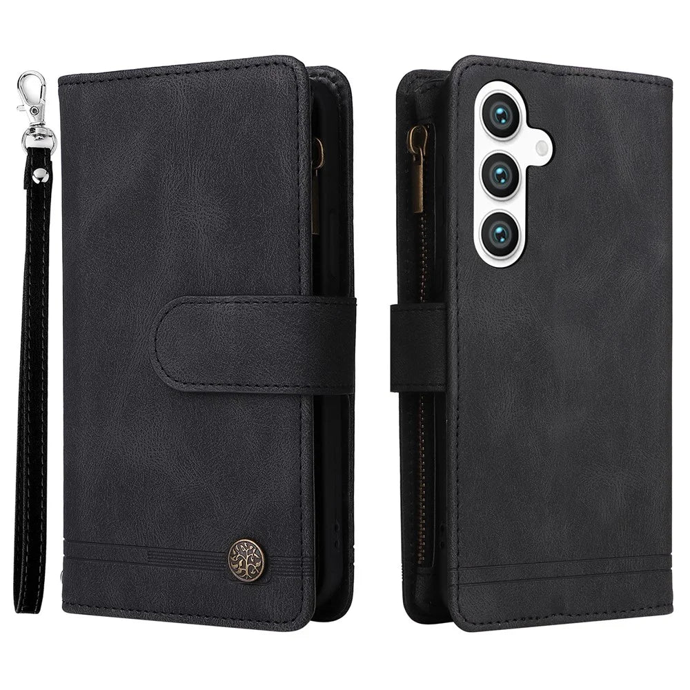 For Samsung Galaxy S24 Case PU Leather Zipper Card Slots Phone Cover - Black - 1