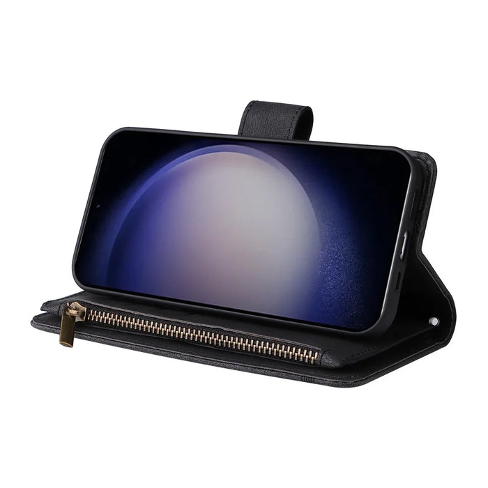 For Samsung Galaxy S24 Case PU Leather Zipper Card Slots Phone Cover - Black - 3