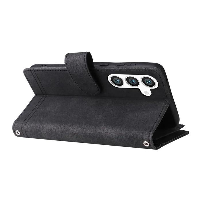 For Samsung Galaxy S24 Case PU Leather Zipper Card Slots Phone Cover - Black - 4