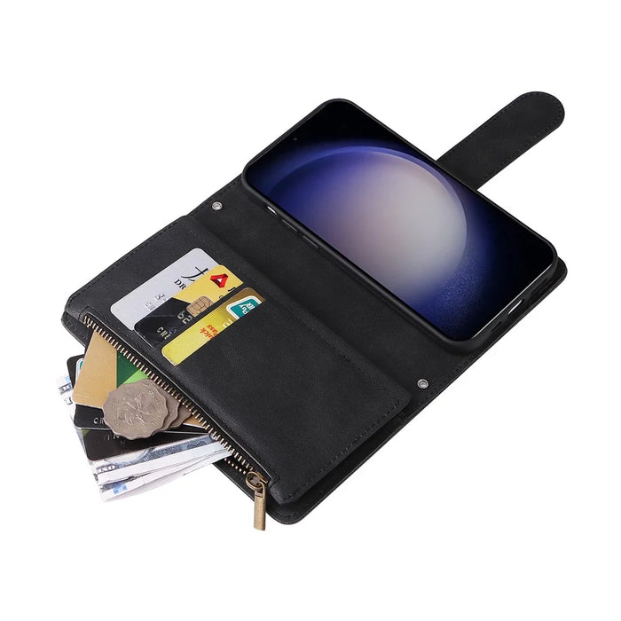 For Samsung Galaxy S24 Case PU Leather Zipper Card Slots Phone Cover - Black - 5