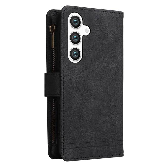 For Samsung Galaxy S24 Case PU Leather Zipper Card Slots Phone Cover - Black - 7