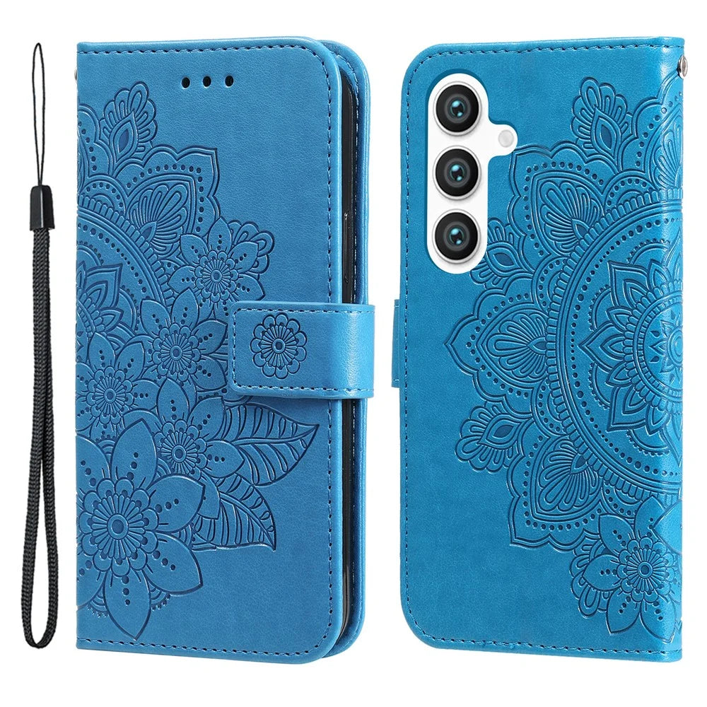 For Samsung Galaxy S24 Case Floral Pattern PU Leather Wallet Stand Phone Cover - Blue - 1