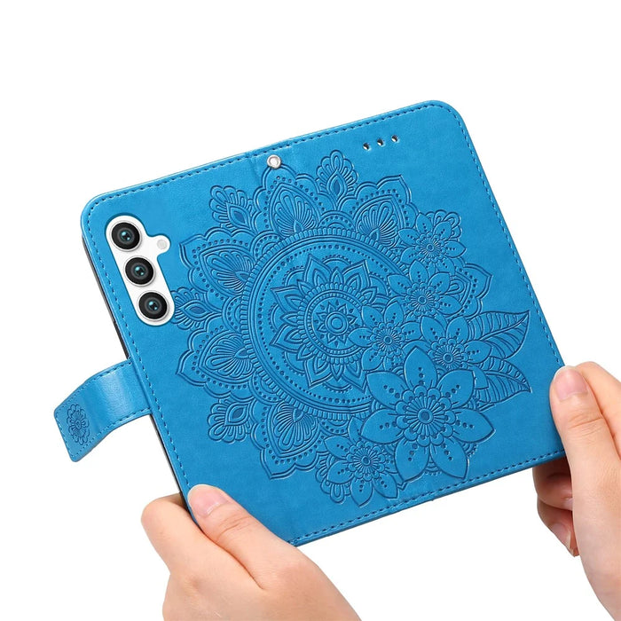 For Samsung Galaxy S24 Case Floral Pattern PU Leather Wallet Stand Phone Cover - Blue - 5