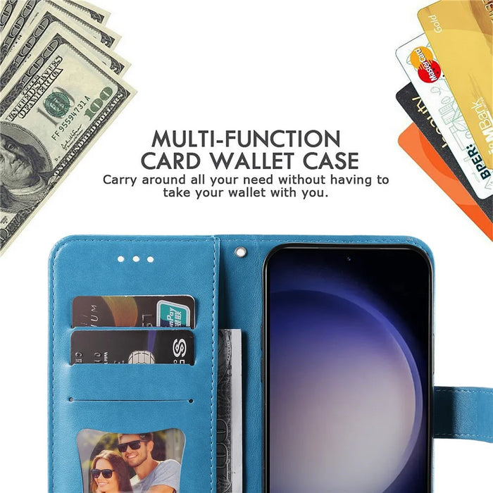 For Samsung Galaxy S24 Case Floral Pattern PU Leather Wallet Stand Phone Cover - Blue - 6
