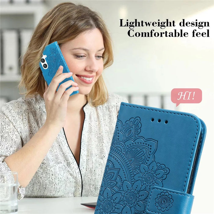 For Samsung Galaxy S24 Case Floral Pattern PU Leather Wallet Stand Phone Cover - Blue - 7