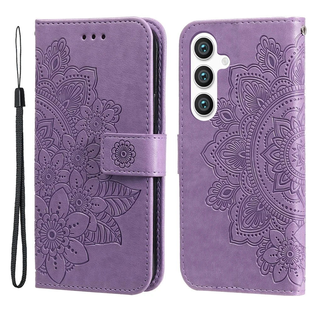 For Samsung Galaxy S24+ Case Floral Pattern PU Leather Wallet Stand Phone Cover - Purple - 1