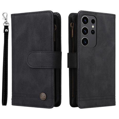 For Samsung Galaxy S24 Ultra Case Zipper Pocket Flip Leather Protective Phone Cover - Black - 1