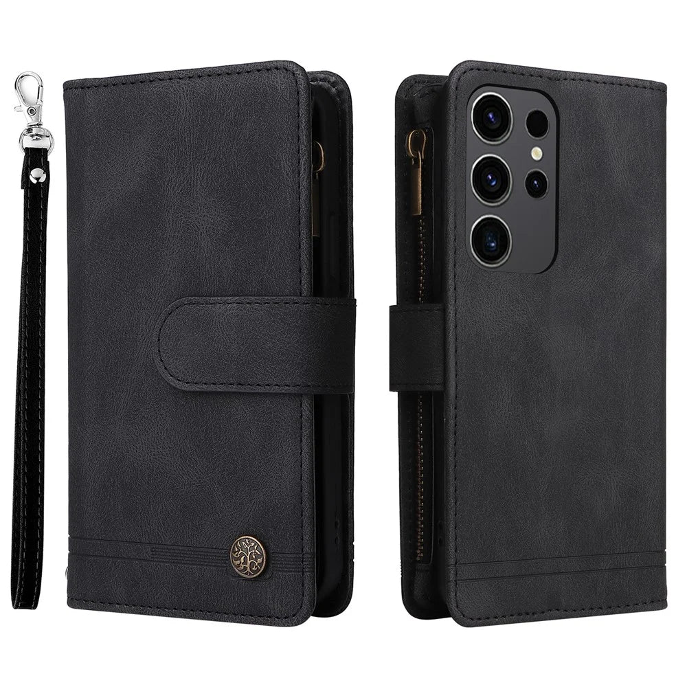 For Samsung Galaxy S24 Ultra Case Zipper Pocket Flip Leather Protective Phone Cover - Black - 1