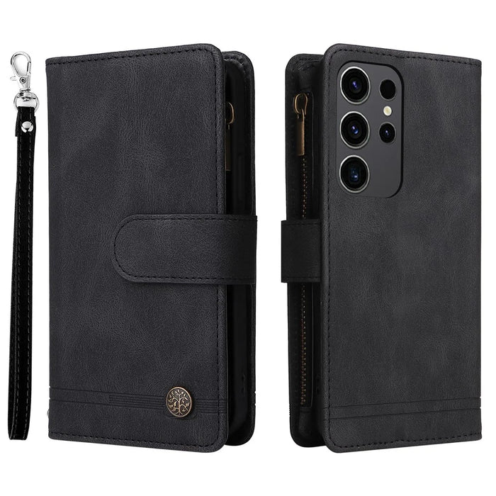 For Samsung Galaxy S24 Ultra Case Zipper Pocket Flip Leather Protective Phone Cover - Black - 1