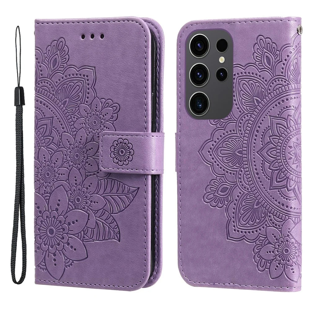 For Samsung Galaxy S24 Ultra Case Floral Pattern PU Leather Wallet Stand Phone Cover - Purple - 1