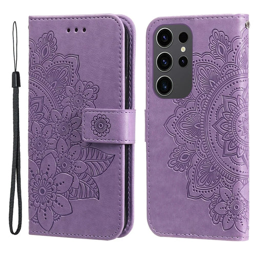 For Samsung Galaxy S24 Ultra Case Floral Pattern PU Leather Wallet Stand Phone Cover - Purple - 1