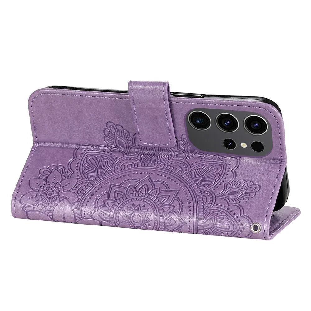 For Samsung Galaxy S24 Ultra Case Floral Pattern PU Leather Wallet Stand Phone Cover - Purple - 4