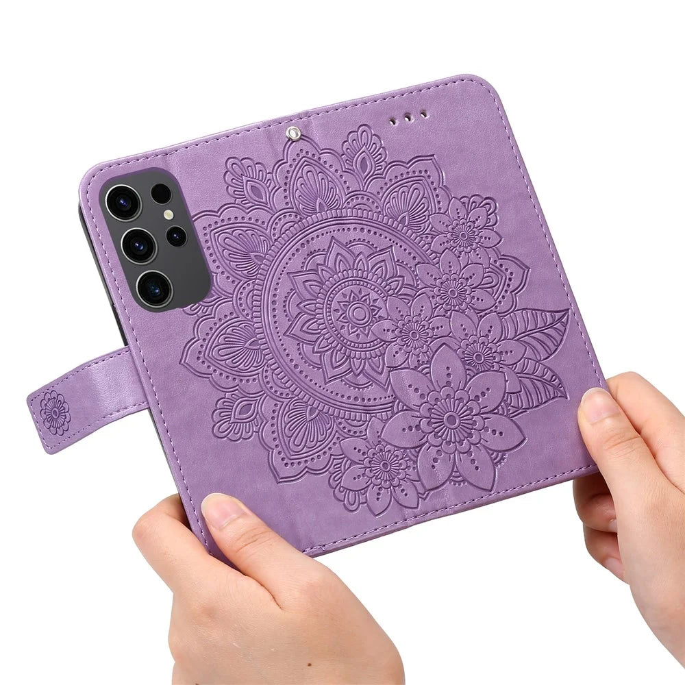 For Samsung Galaxy S24 Ultra Case Floral Pattern PU Leather Wallet Stand Phone Cover - Purple - 5
