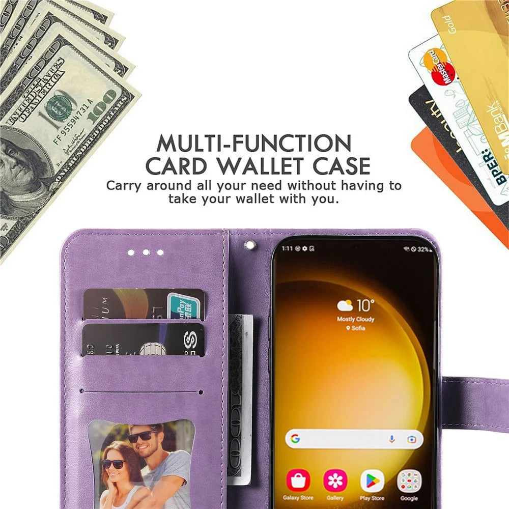For Samsung Galaxy S24 Ultra Case Floral Pattern PU Leather Wallet Stand Phone Cover - Purple - 6
