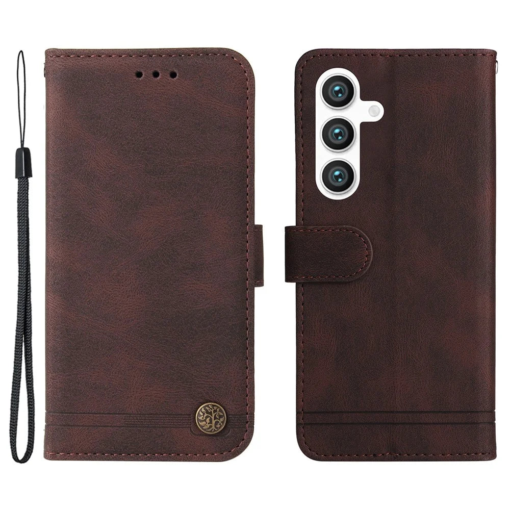 For Samsung Galaxy S24 Leather Wallet Cases Skin Touch Phone Cover Stand with Strap - Brown - 1