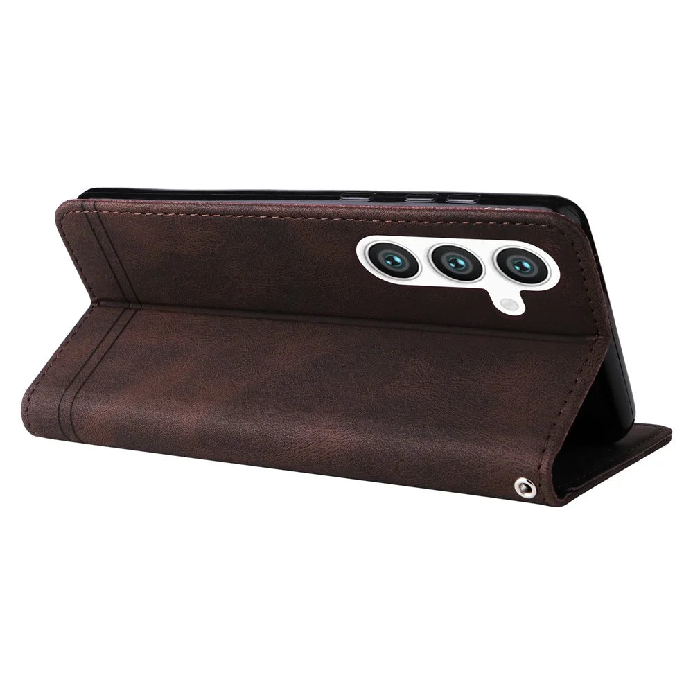 For Samsung Galaxy S24 Leather Wallet Cases Skin Touch Phone Cover Stand with Strap - Brown - 4