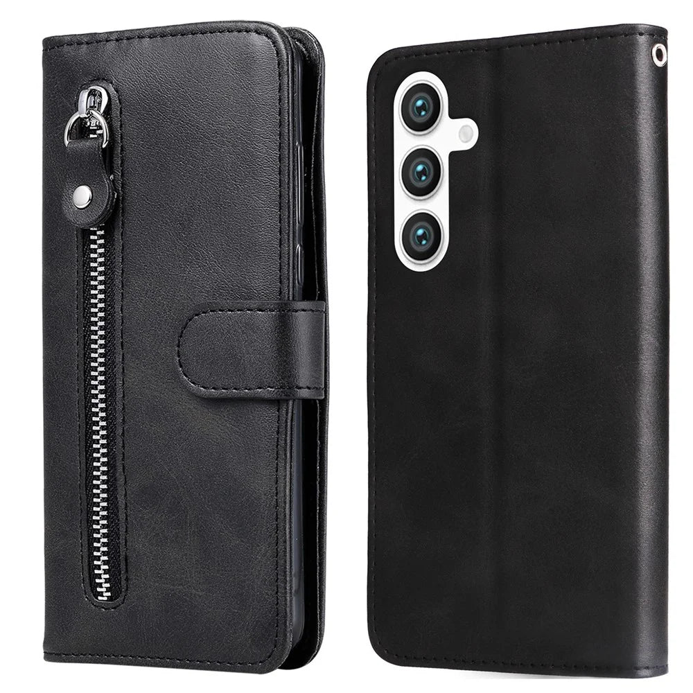 For Samsung Galaxy S24 Case Zipper Pocket  Flip PU Leather Protective Cover - Black - 1