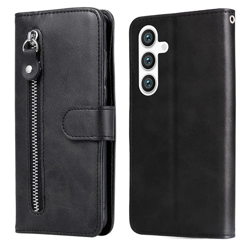 For Samsung Galaxy S24 Case Zipper Pocket  Flip PU Leather Protective Cover - Black - 1
