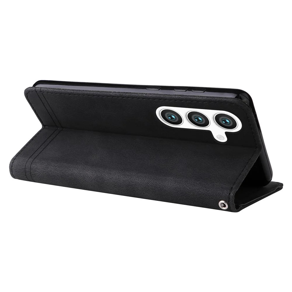 For Samsung Galaxy S24+ Leather Wallet Cases Skin Touch Phone Cover Stand with Strap - Black - 4