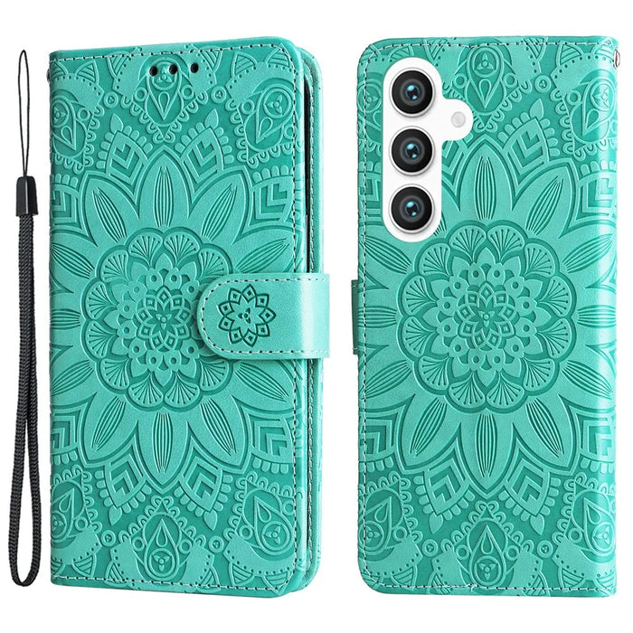 For Samsung Galaxy S24+ Case PU Leather Stand Wallet Sunflower Phone Cover - Green - 1