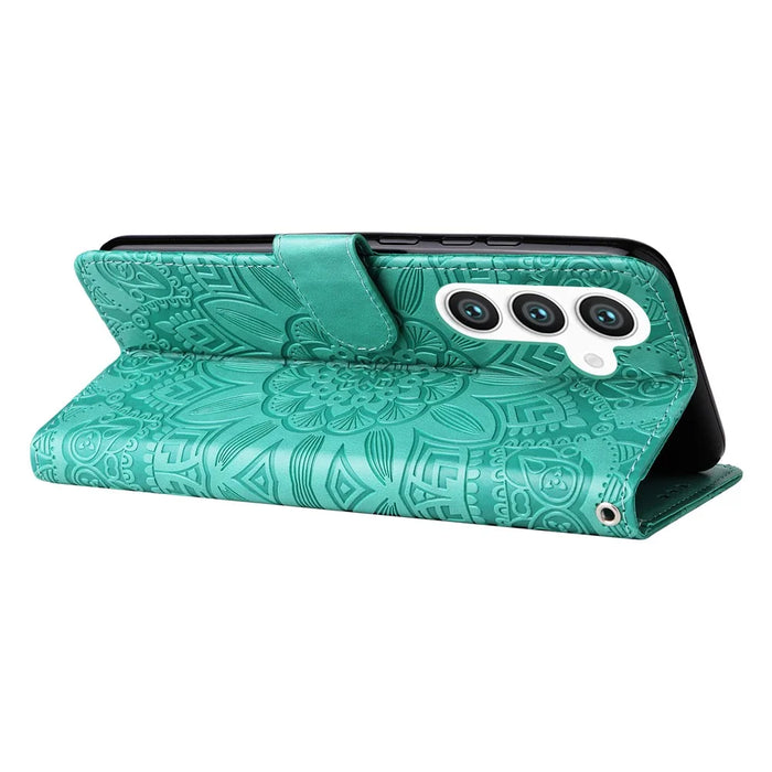 For Samsung Galaxy S24+ Case PU Leather Stand Wallet Sunflower Phone Cover - Green - 4