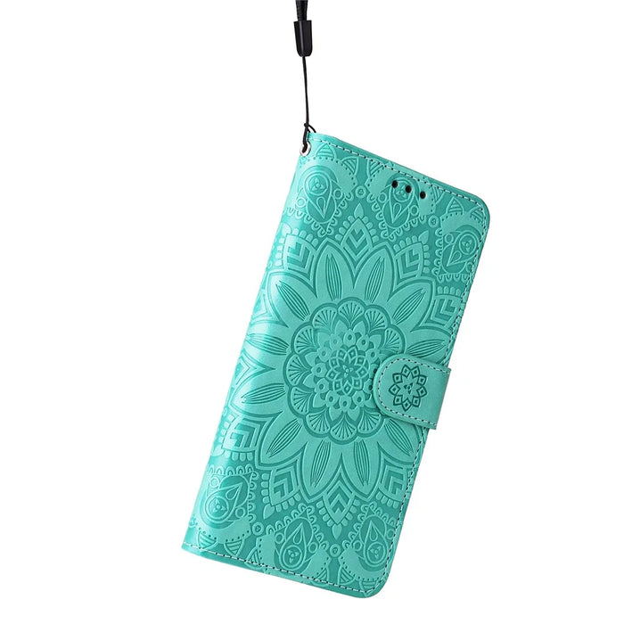 For Samsung Galaxy S24+ Case PU Leather Stand Wallet Sunflower Phone Cover - Green - 7