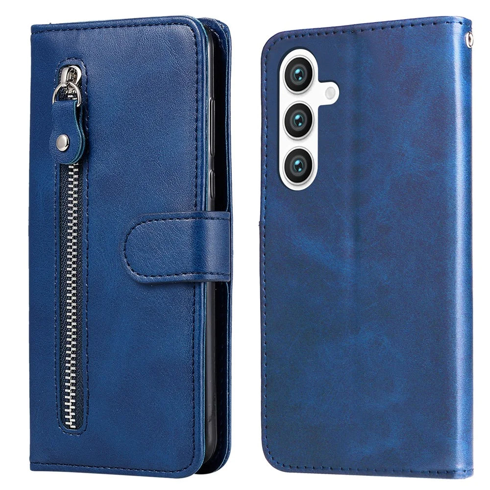 For Samsung Galaxy S24+ Case PU Leather Zipper Stand Folio Phone Cover - Blue - 1