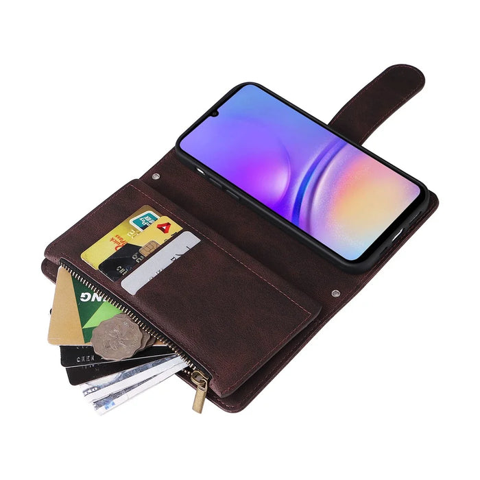 For Samsung Galaxy A05 4G Case Zipper Pocket Wallet Phone Leather Cover - Brown - 5