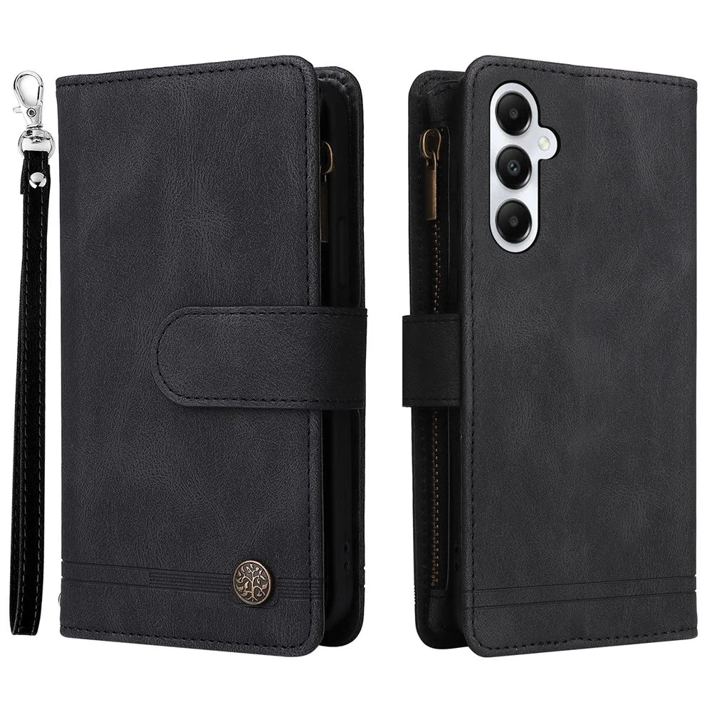 For Samsung Galaxy A05s 4G Case Multiple Card Slots Leather Stand Phone Cover - Black - 1