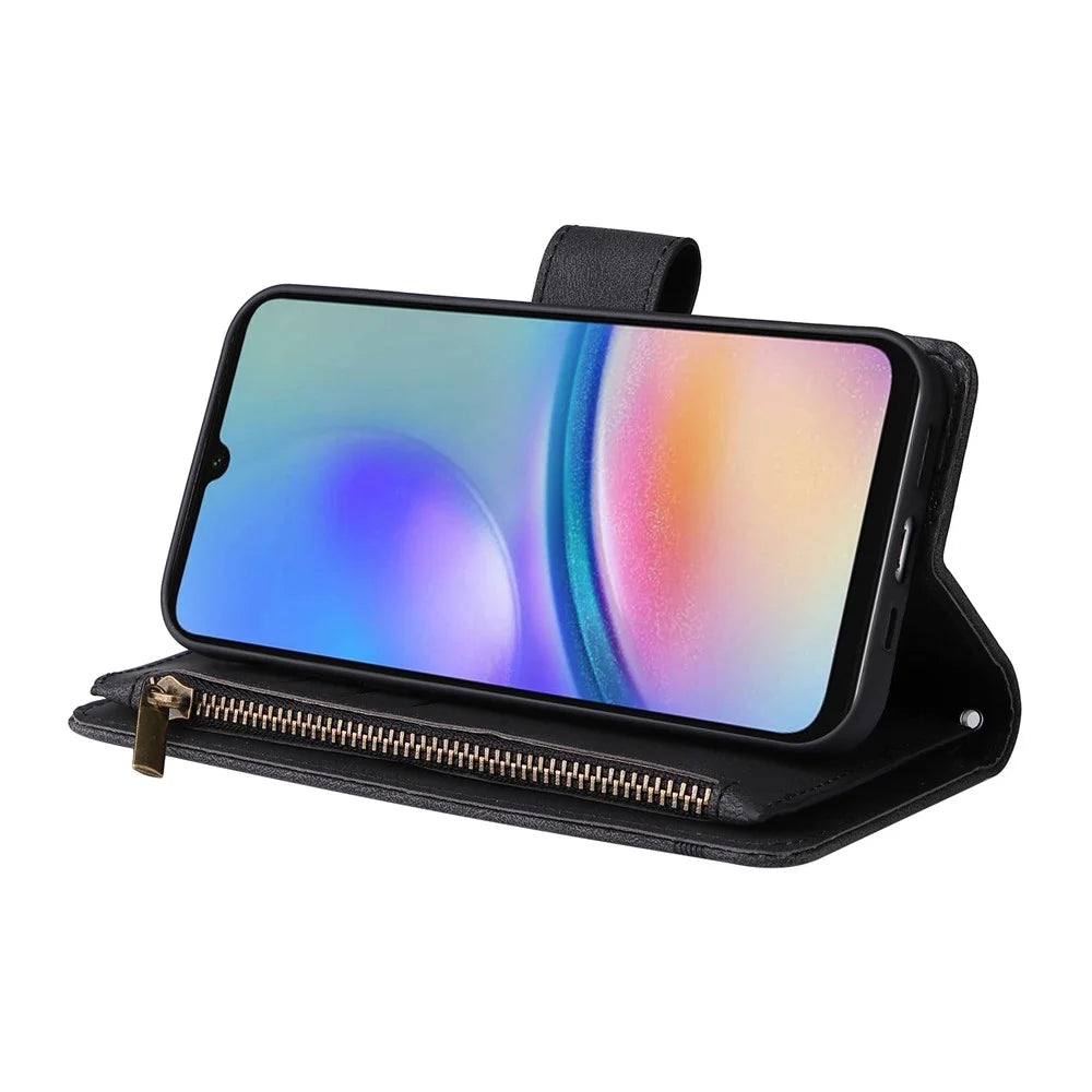 For Samsung Galaxy A05s 4G Case Multiple Card Slots Leather Stand Phone Cover - Black - 3