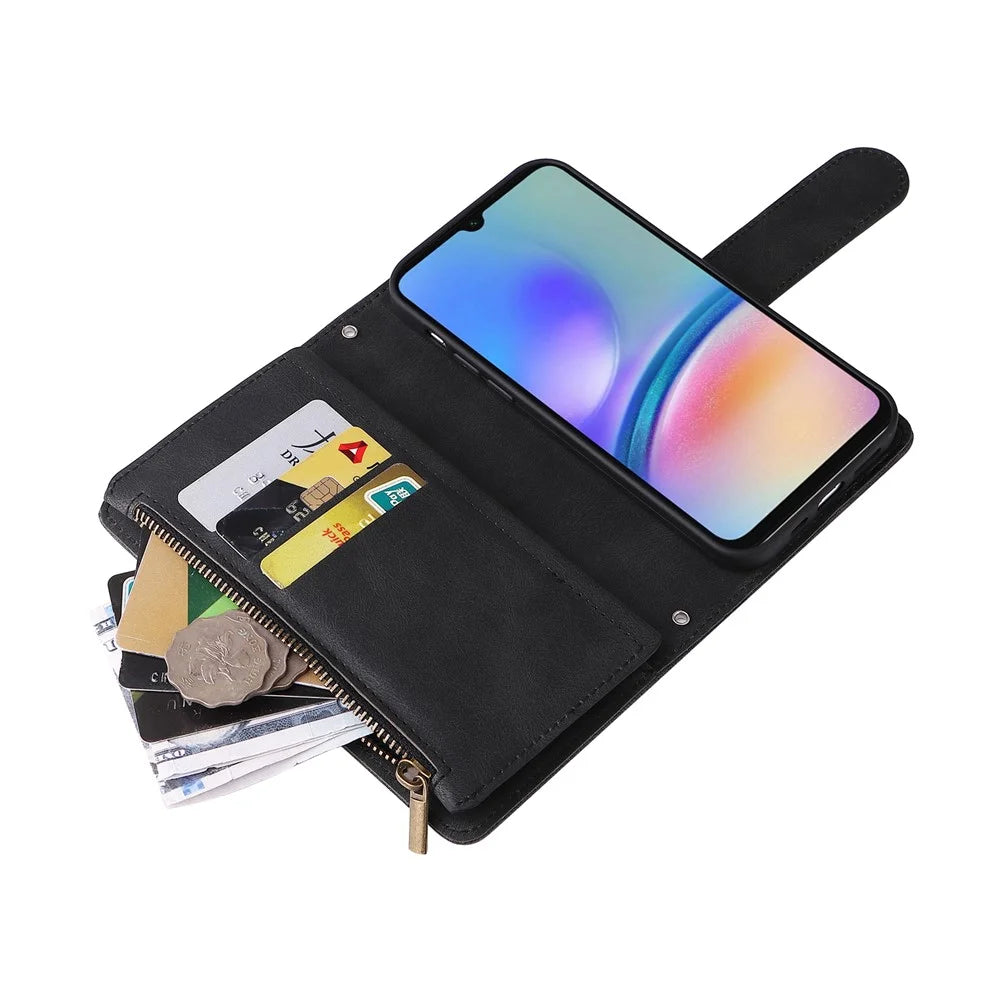 For Samsung Galaxy A05s 4G Case Multiple Card Slots Leather Stand Phone Cover - Black - 6