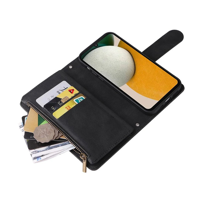 For Samsung Galaxy A15 5G Case Multiple Card Slots  Phone Cover with Zipper Pocket - Black - 6