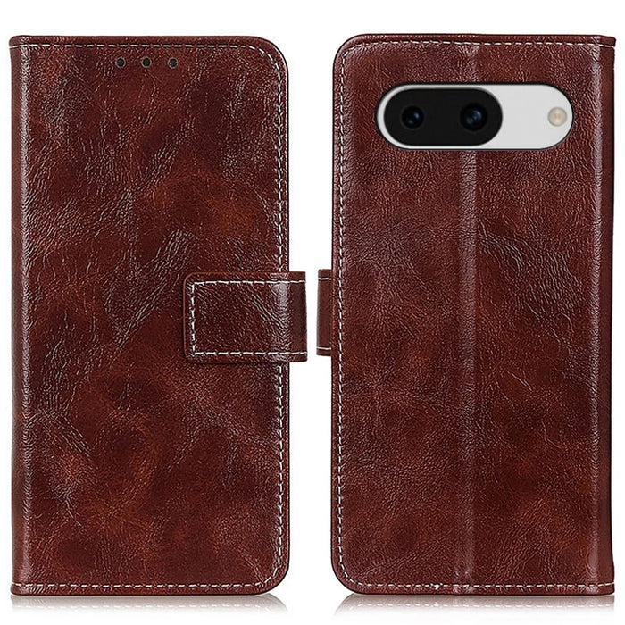 For Google Pixel 8a Case Crazy Horse Texture PU Leather Wallet Stand Cover - Brown - 1