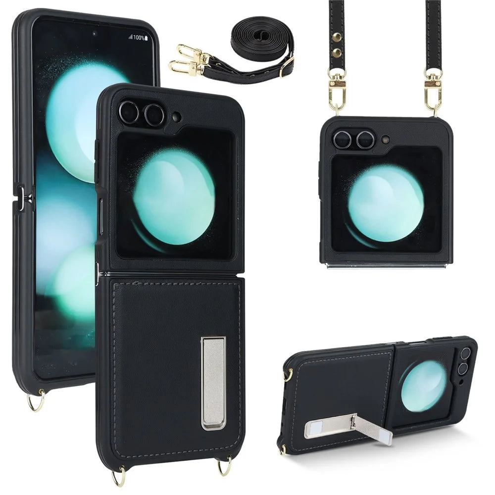 For Samsung Galaxy Z Flip5 5G Case R20 Texture Leather + PC Kickstand Cover - Black - 1