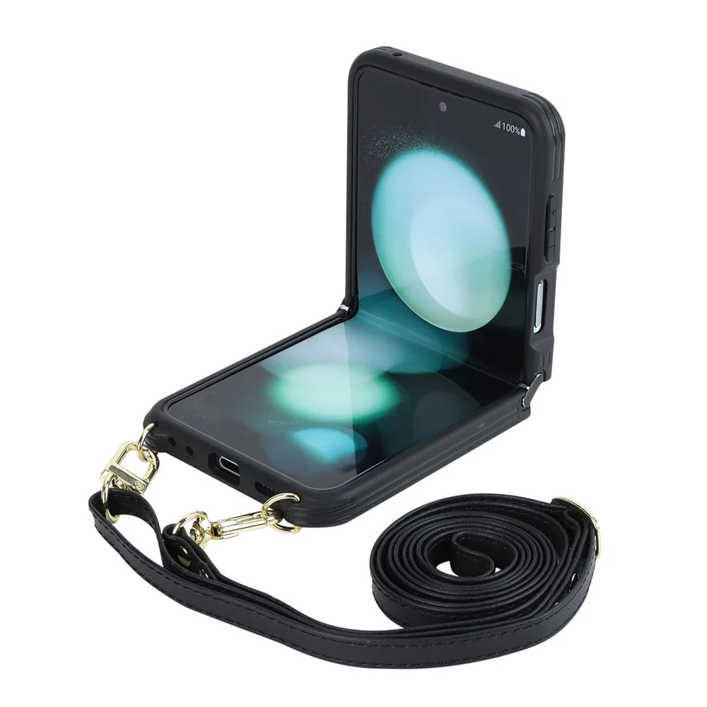 For Samsung Galaxy Z Flip5 5G Case R20 Texture Leather + PC Kickstand Cover - Black - 2