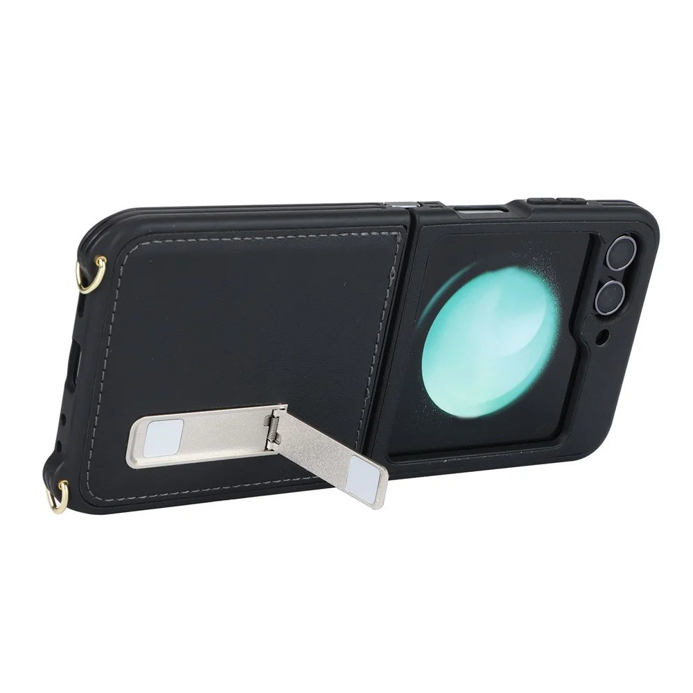 For Samsung Galaxy Z Flip5 5G Case R20 Texture Leather + PC Kickstand Cover - Black - 3