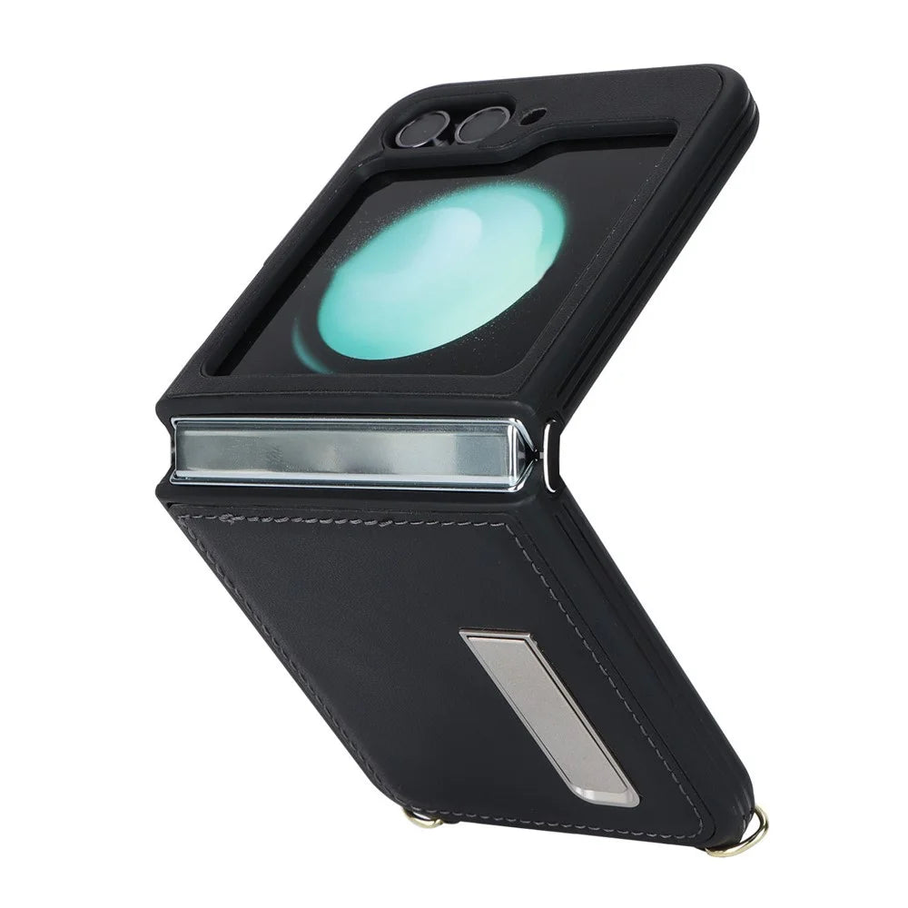 For Samsung Galaxy Z Flip5 5G Case R20 Texture Leather + PC Kickstand Cover - Black - 5