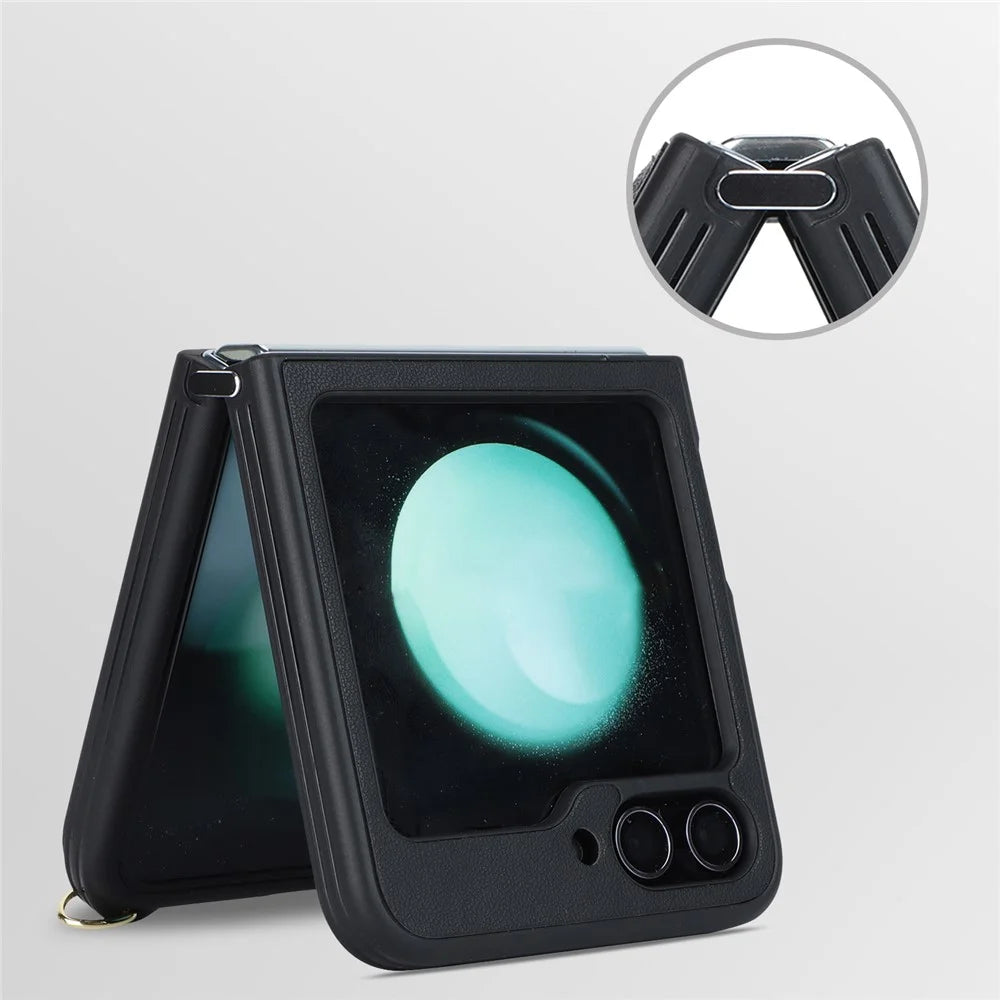 For Samsung Galaxy Z Flip5 5G Case R20 Texture Leather + PC Kickstand Cover - Black - 7