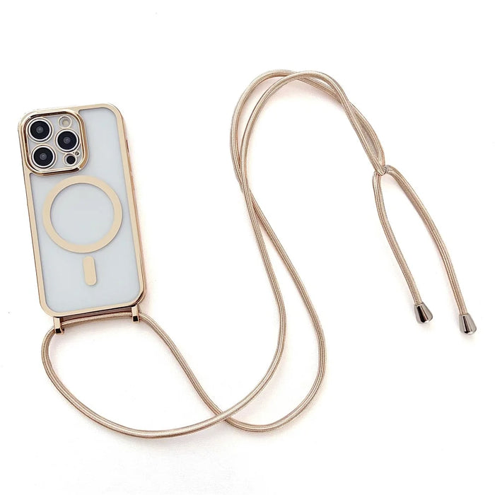 For iPhone 15 Pro Case Compatible with MagSafe Magnetic Electroplating TPU Cell Phone Cover with Long Lanyard - Gold - 1