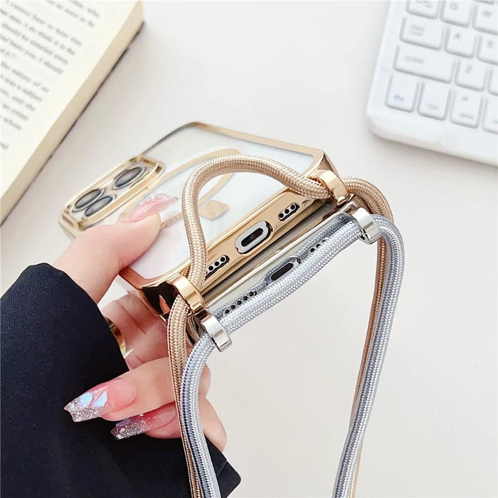 For iPhone 15 Pro Case Compatible with MagSafe Magnetic Electroplating TPU Cell Phone Cover with Long Lanyard - Gold - 4