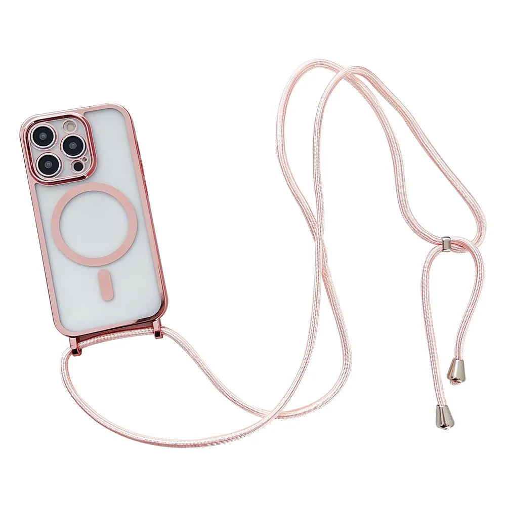 For iPhone 15 Pro Max Case Compatible with MagSafe TPU Phone Protector with Long Lanyard - Rose Gold - 1