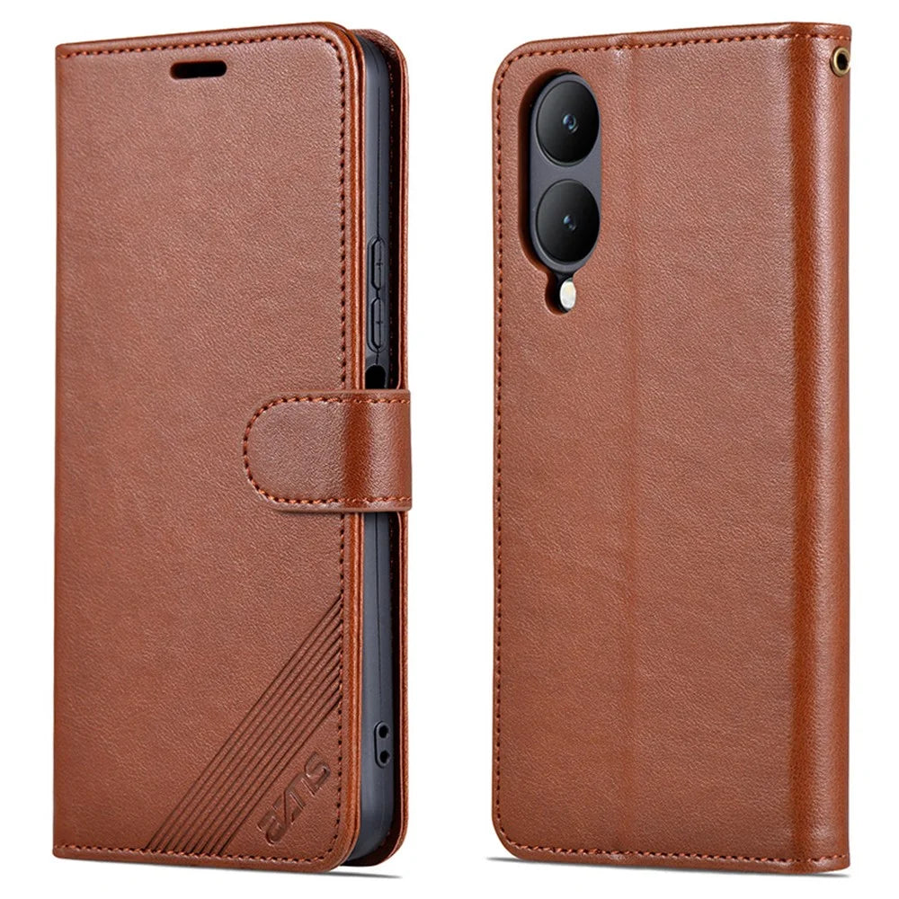 AZNS For vivo Y17s 4G Case Wallet PU Leather Phone Stand Cover - Brown - 1