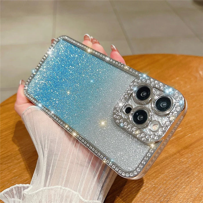 For iPhone 15 Pro Max TPU Phone Case Electroplate Bling Glitter Cover - Gradient Blue - 2