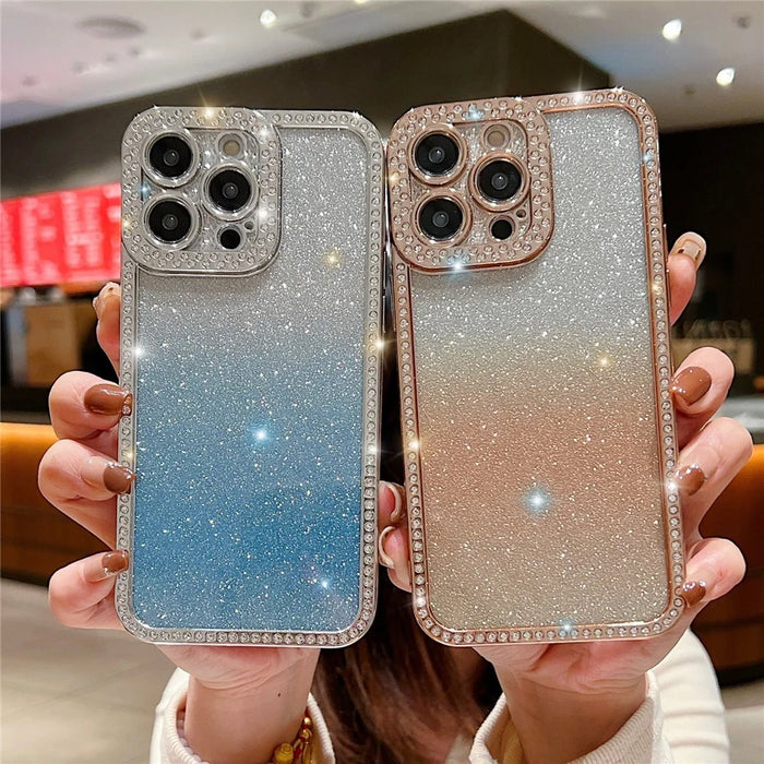 For iPhone 15 Pro Max TPU Phone Case Electroplate Bling Glitter Cover - Gradient Blue - 3