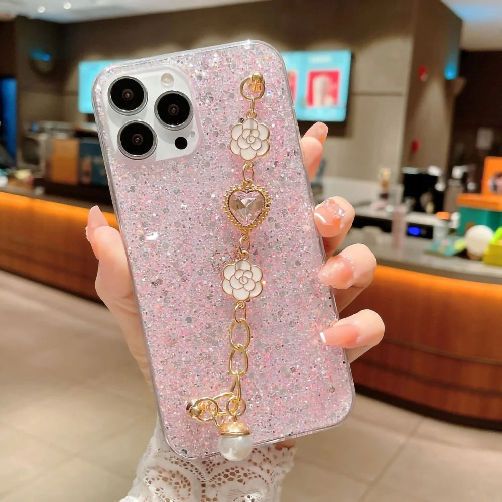 Glitter Epoxy TPU Case for iPhone 15 Pro Max Case Shockproof Phone Cover with Bracelet Strap - Pink - 1