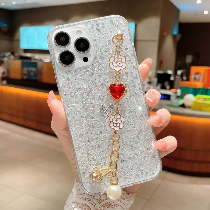 Shockproof TPU Case for iPhone 15 Pro Case Glitter Epoxy Phone Shell with Bracelet Strap - Silver - 1