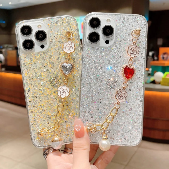 Shockproof TPU Case for iPhone 15 Pro Case Glitter Epoxy Phone Shell with Bracelet Strap - Silver - 5