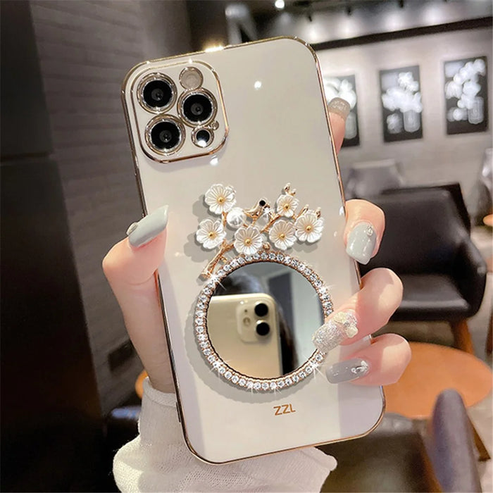 Electroplating TPU Case for iPhone 15 Pro Case Shockproof Phone Cover with Glass Mirror - White - 1